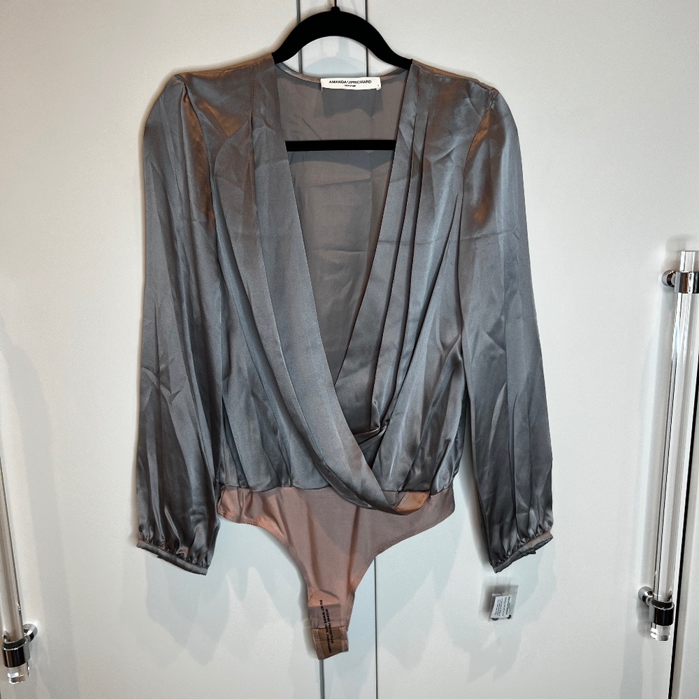 Amanda Prichard Grey Satin Bodysuit Top- Small
